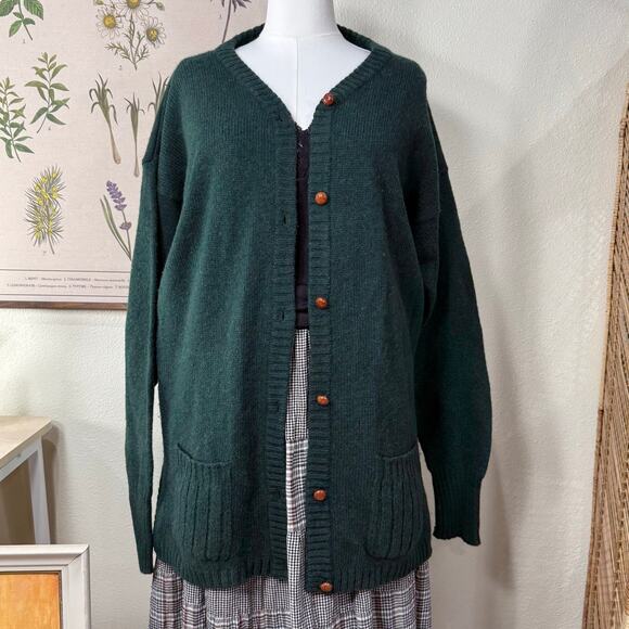 Vintage 80s 90s Woolrich Green Wool Grandpa Cardigan Sweater Twee Cottage L - Picture 1 of 9